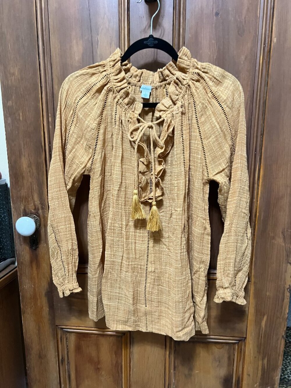 Sundance Artist's Dream Top Gold Crinkle Gauze Lace Peasant Blouse Sz Large NWOT